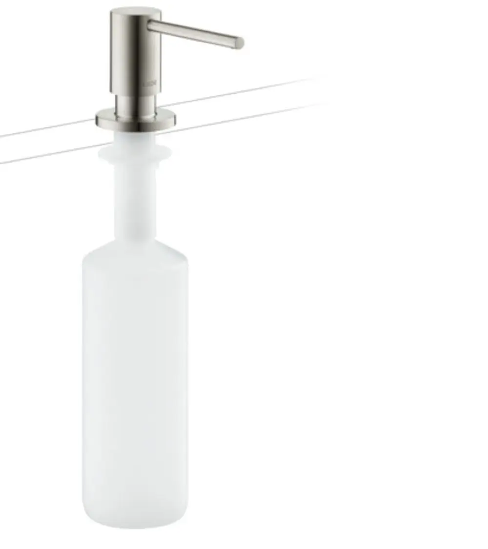 Spülmittel- oder Lotionenspender aus Edelstahl mit einem klaren, zylindrischen Behälter. Ideal für die Anbringung in modernen Küchen oder Badezimmern. Produkte der Marke AXOR.